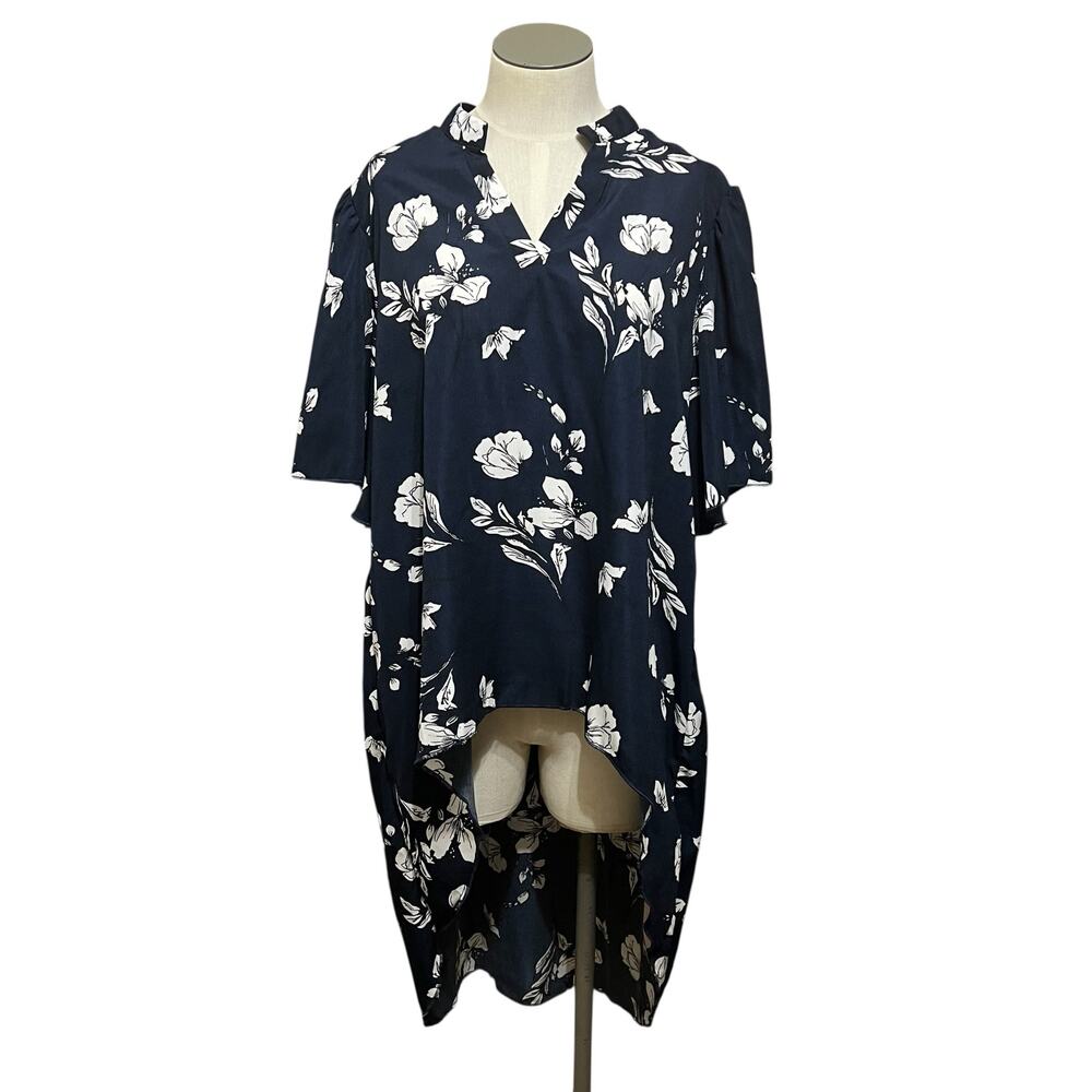 NWT Emery Rose Womens Resort Boho Blue White Floral High Low Tunic Top Sz 0XL